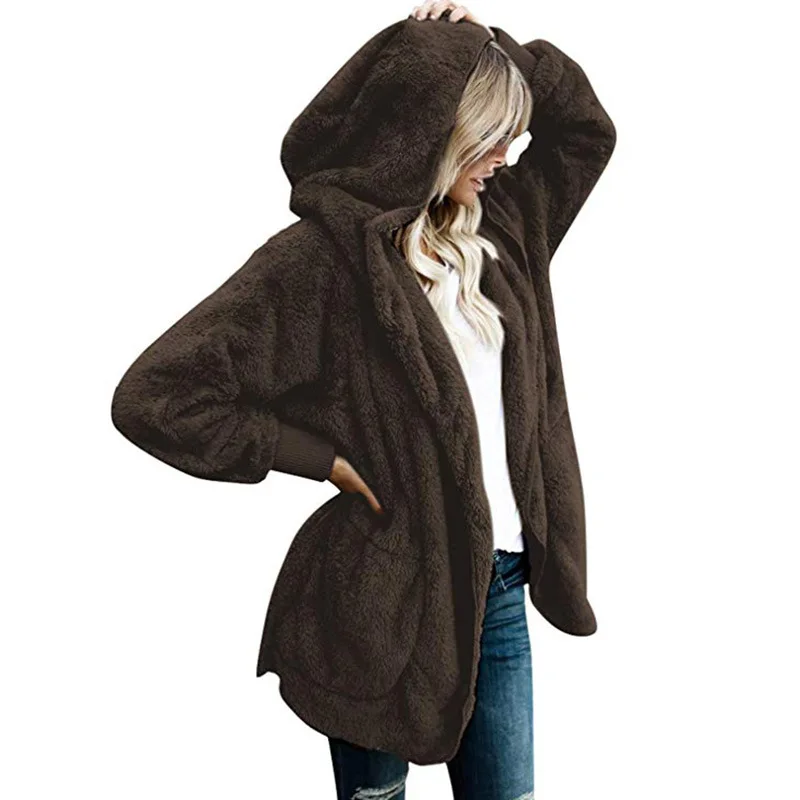 Зимний флисовый свитер, шерпа, флис, с капюшоном, большой размер, длинный кардиган, плюшевый, пушистый, осень, зима, теплая одежда, женские свитера - Цвет: brown