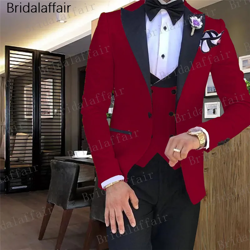 Gwenhwyfar, на заказ, небесно-голубой, с острым отворотом, мужские костюмы, комплект, формальный, Свадебный, выпускной, смокинг для жениха, костюм из 3 предметов(пиджак+ брюки+ жилет - Цвет: Красный