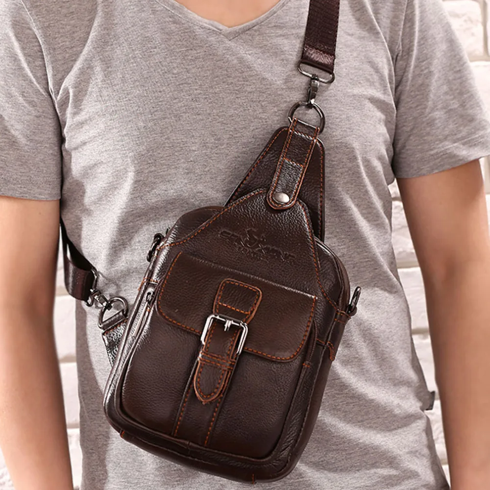 Men Genuine Leather Cowhide Messenger Shoulder Cross Body Bag Travel Climb Sling Chest Day Back ...