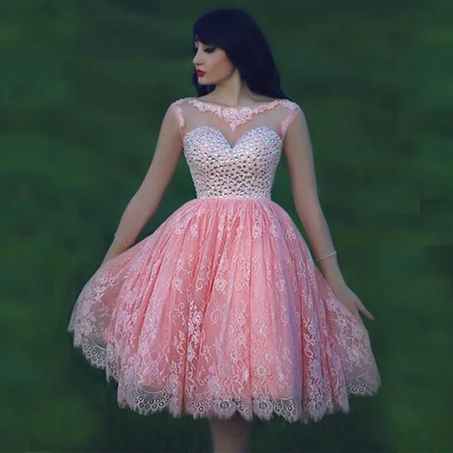 

New 2016 Pink Lace Beaded A-Line Short Evening Dresses Sleeveless Backless Knee-Length Prom Gowns Formal Dress Vestidos de gala