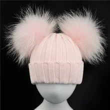 Winter Baby Knit Hat With Two Fur Pompoms Boy Girls Natural Fur Ball Beanie Kids Caps Double Real Fur Pom Pom Hat for Children