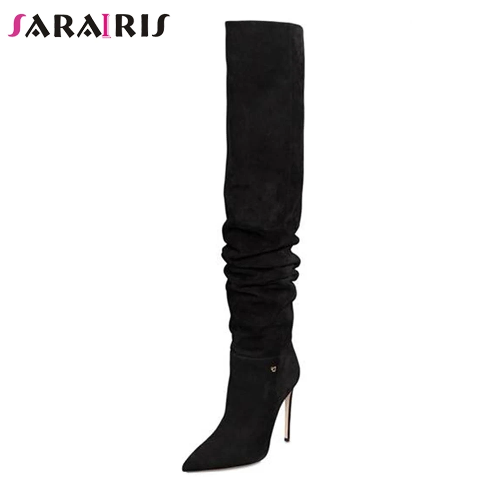 

SARAIRIS Women Over Knee Boots Sexy High Heel Pointed Toe Shoes Woman Party Wedding Shoes Pleated Autumn Boots Big Size 33-43