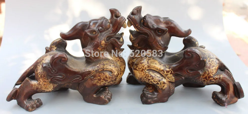 

free 10"Chinese Bronze Gilt Guardian Phylactery Dragon Beast Unicorn Pixiu Kylin Pair fast