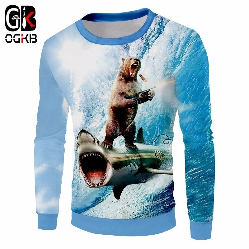 

OGKB Spring Fall Unisex Crewneck Pullovers Women/men's Funny Print Shark 3D Sweatshirt Animal Bear Hoodies Polyester Quick Dry