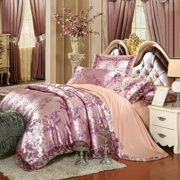 European style leaves pattern pale mauve duvet cover set lace border silk cotton jacquard Queen