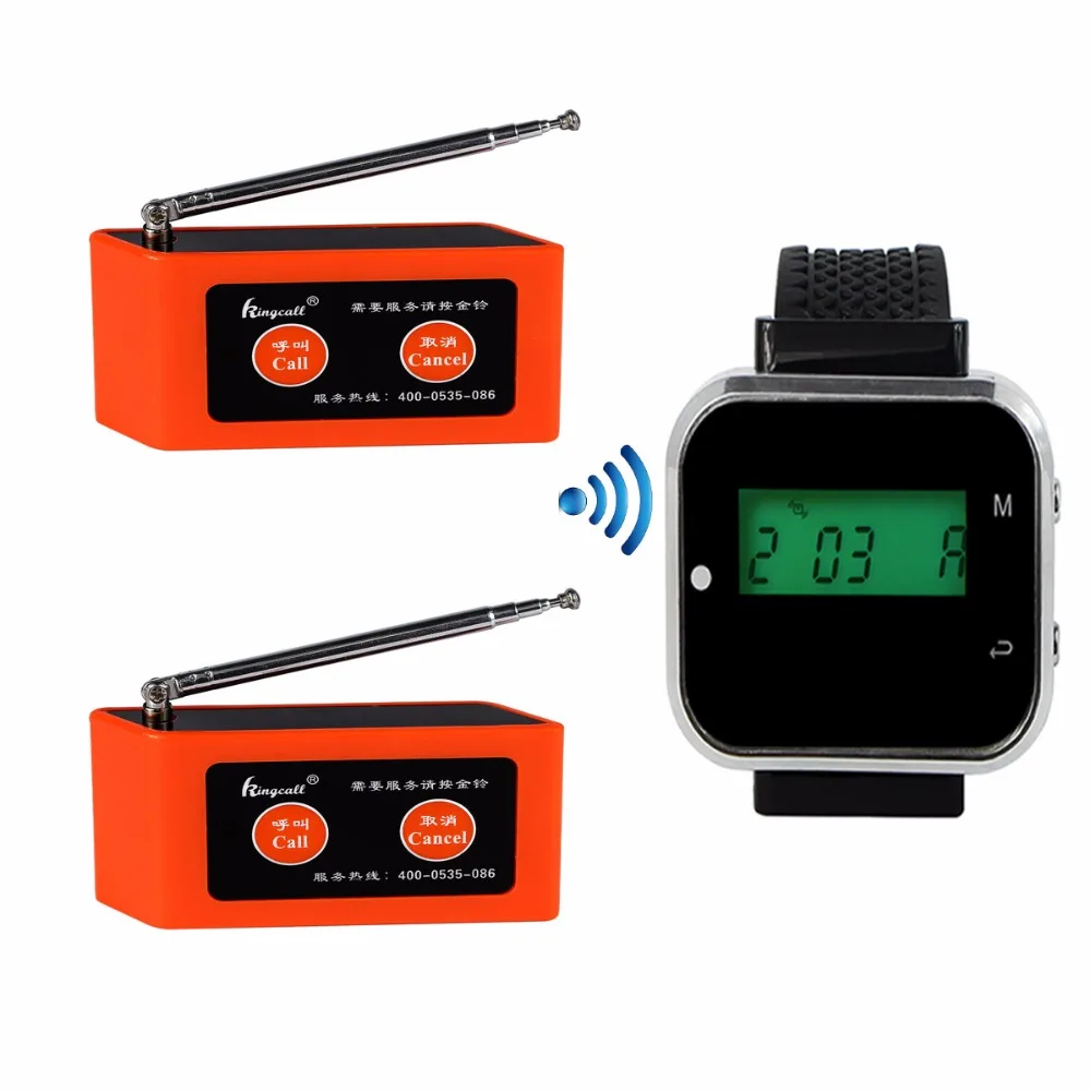 

Wireless Restaurant Waiter Calling System With Watch Receiver Host +2pcs Transmitter Button Call Pager 433.92MHz F3299Q