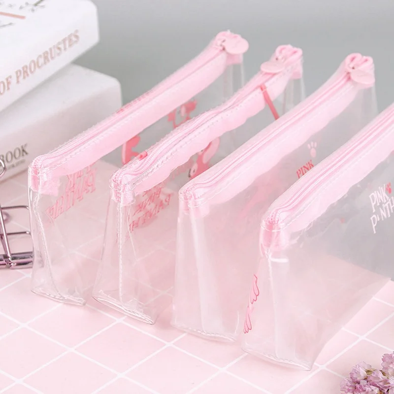 Cartoon Pink Panther PU Cosmetic Bag Transparent Makeup Bag Storage Mini Zipper Toiletry Bath Pouch Beauty Case Kit