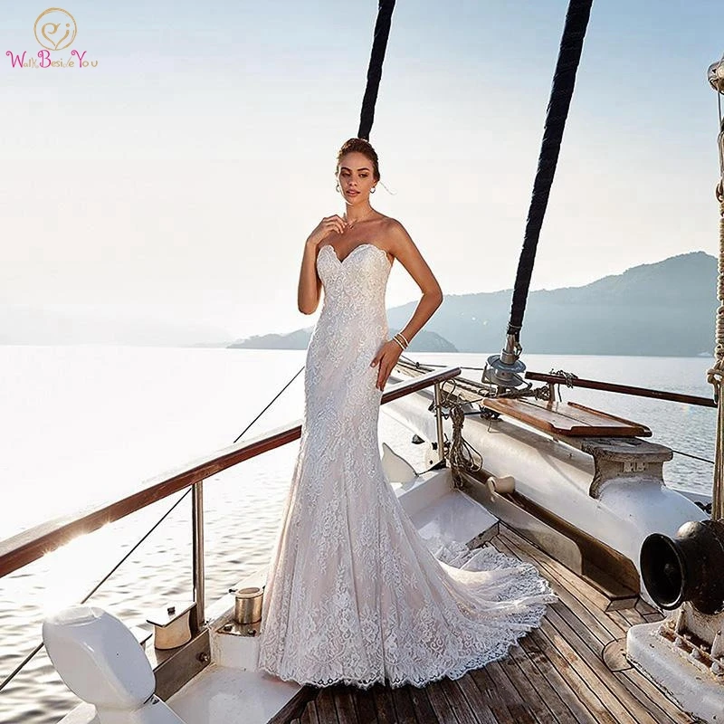 

Full Lace Wedding Dress Buttons Covered Back Sexy Mermaid Sweetheart Neck Sweep Train Elegant Backless Cheap Hot Bridal Gown