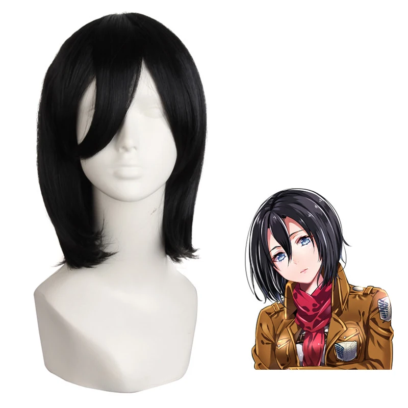 

Attackon Titan Mikasa Ackerman Anime Costume Cosplay Straight Wig 35cm Black Heat Resistant Halloween Women Costumes Hair