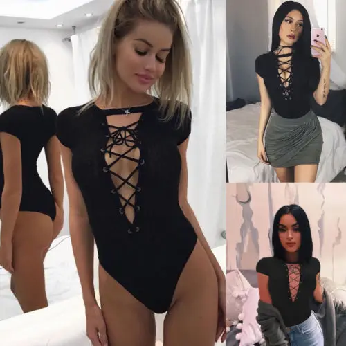 

Women Lady Short Sleeve sexy Rompers Jumpsuit Stretch Leotard Black Tops