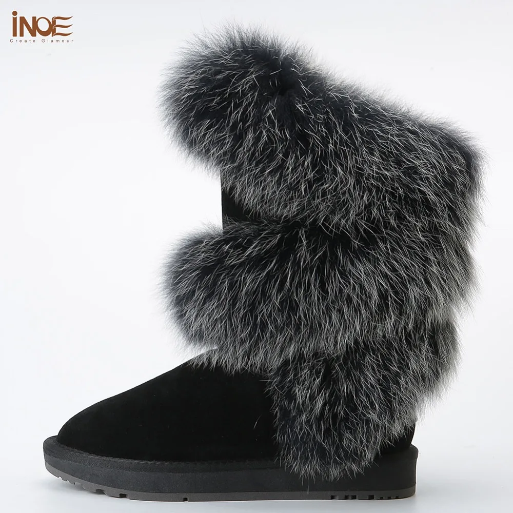Skup INOE luksusowa moda miękkie Arctic Fox zimowe buty z futerkiem dla kobiet kolana wysokie utrzymuj ciepłe buty na śnieg skóra zamszowa czarny szary