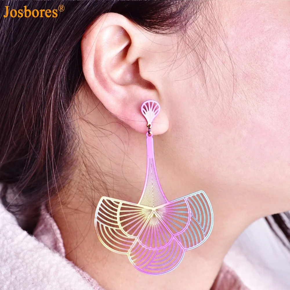 JOSBORES Shining Color Sector Stainless Steel Dangling Long Earrings