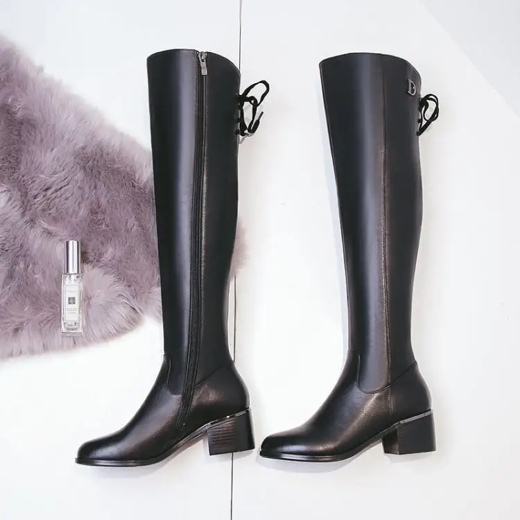 

Luxury Black Leather Winter Boots Women Knee High Round Toe Middle Square Heel Ladies Booties Back Lace Up Butterfly-knot Shoes