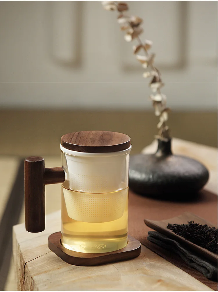 300 мл высокого класса боросиликатное стекло инфузии чашки чая кружка для воды с фарфор фильтр деревянная крышка ручка для домашнего офиса