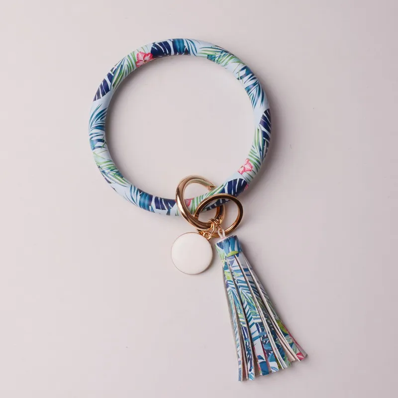 Новая мода ретро большой кожаный наручное украшение кольцо для ключей из сплава кулон Флокирование кисточкой брелок для ключей в стиле унисекс ювелирные изделия Bijoux поводок пряжка - Цвет: bamboo blue
