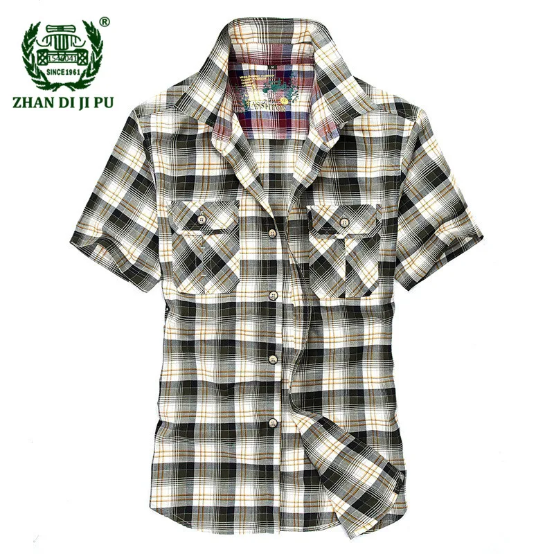 

2018 Europe men's summer fashion green grid short shirt man good quality casual brand afs jeep 100% pure cotton red plaid shirts