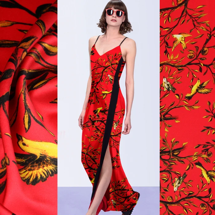 

118CM Wide 19MM 93% Silk & 7% Spandex Trees Print Red Stretch Silk Satin Fabric for Summer Dress Clothes Cheongsam D972