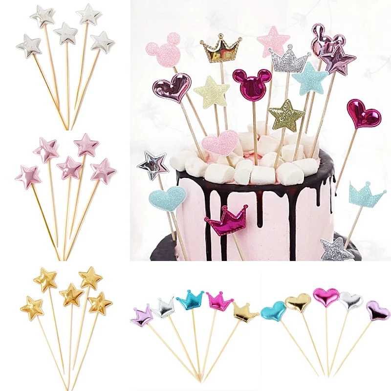 

F 5PCS/Set Cake Flag Star Cake Insert Cards Shimmer Crown Heart Cake Decorations Birthday Party DIY Wedding Festival Supplies