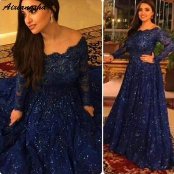 

Navy Blue Muslim Evening Dresses A-line Long Sleeves Lace Beaded Islamic Dubai Saudi Arabic Long Elegant Evening Gown