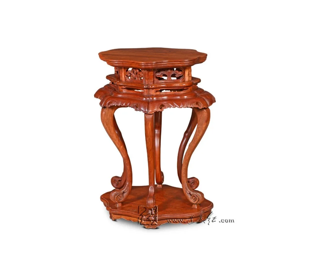 Articles of Luxury Hexapod Incense Table Engraved with Lotus Leaf Patterns China Antique Burmase Rosewood Flower Stand Wooden