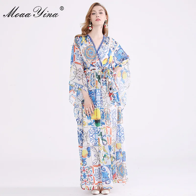 

MoaaYina 2018 Fashion Designer Runway Dress Autumn Women V-neck Batwing Sleeve Vintage Print Casual Holiday Bohemia Loose Dress
