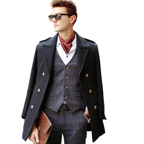 Мужские шерстяные пальто, зимние модные элегантные длинные куртки на двух пуговицах, мужские пальто, мужские пальто, 5 цветов, Holyrising - Цвет: Black