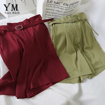 

YuooMuoo Casual High Waist Twin Pocket Patched Belted Women Shorts 2019 Summer Fashion Wide Leg Short Pants Solid Ladies Shorts
