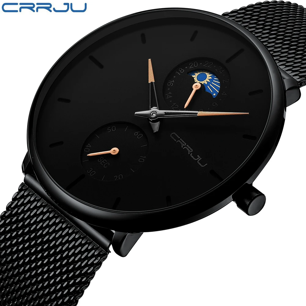 

CRRJU New Black Slim Watch Women Men Watch Luxury Elegant Dress Fashion Watches Unisex Ultra Thin Wristwatch Relojes Para Hombre