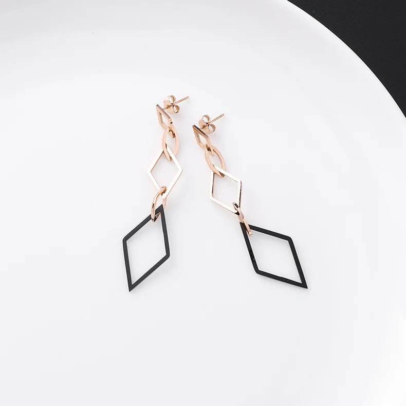New Listing Geometric Titanium Steel long Tassel Girl Earrings gold Stainless Steel Triangle leaf Girl Black Jewelry Earrings 1