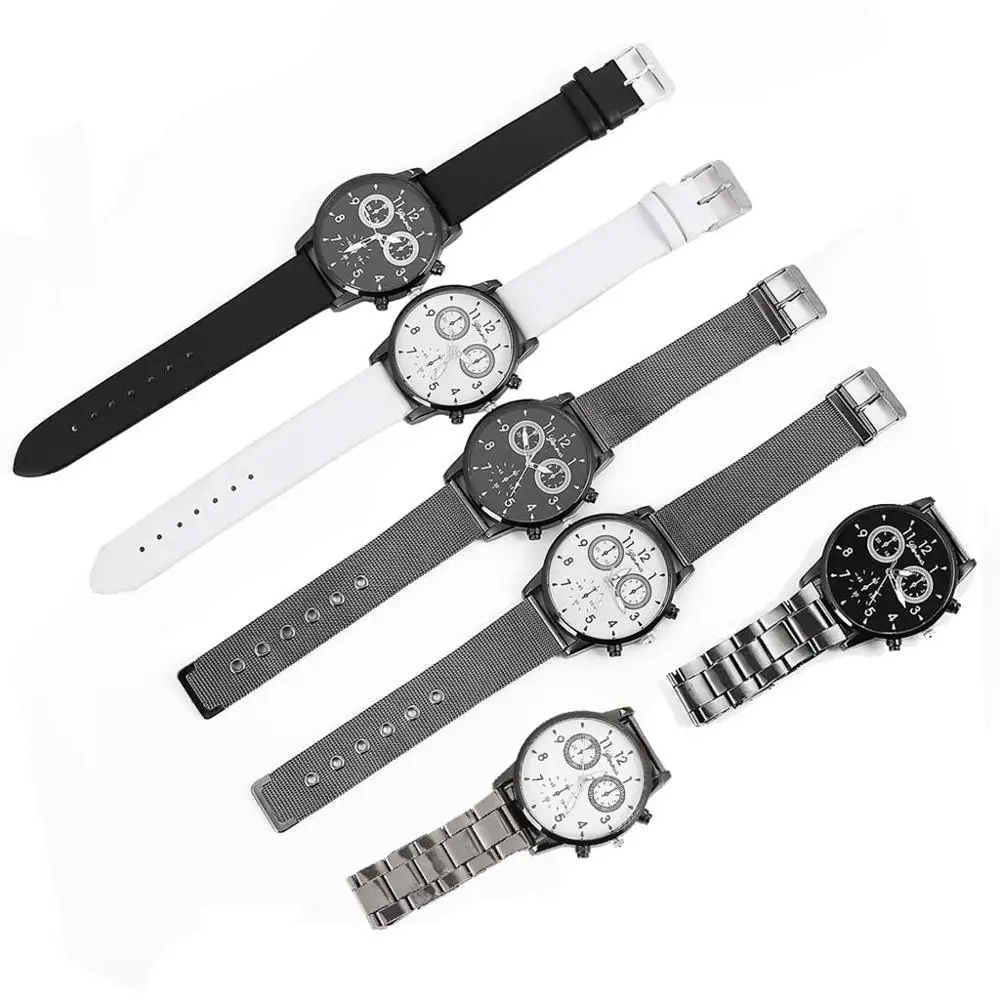 

6PCS unisex Combination Mesh Belt Steel Strip Leather Belt Watch Three Eye Dial Watch round dial gift watch set
