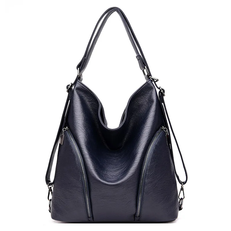 Многофункциональная Женская Большая вместительная сумка для покупок, мягкая кожаная школьная сумка, винтажные однотонные сумки на плечо для женщин - Color: Deep Blue