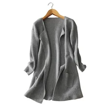 Women s long thick 100 pure cashmere knitting cardigan coat V neck open stitch winter spring
