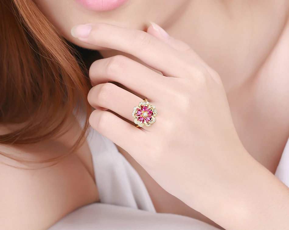 ALLNOEL Gemstone Ruby Flower Jewelry Set Real 925 Sterling Silver Red Corundum Ring Stud Earrings For Girl Women's Jewellry Gift (1)