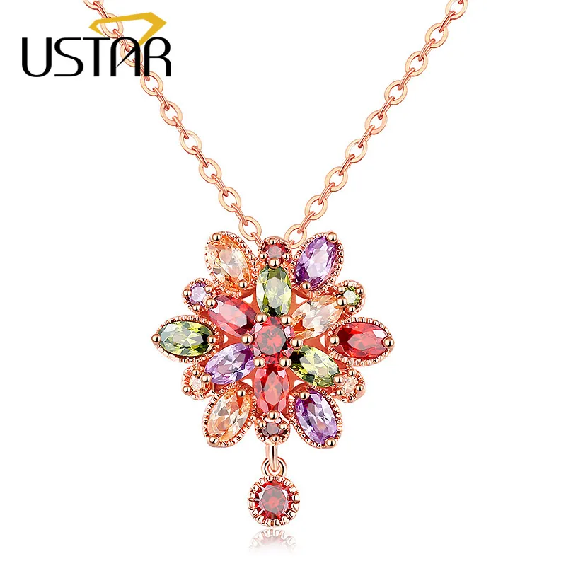 

USTAR Rhinestone Flower Pendant Necklaces for women Rose gold color Chain Water Drop Crystals Necklaces Jewelry Birthday Gift