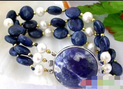 

000183 3ROW NATUREL blue coin lapis lazuli pearl BRACELET