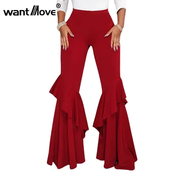 

Wantmove 5 colors flare pants ruffer long pants patchwork 2018 new autumn winter women high waist solid full pants JZ237