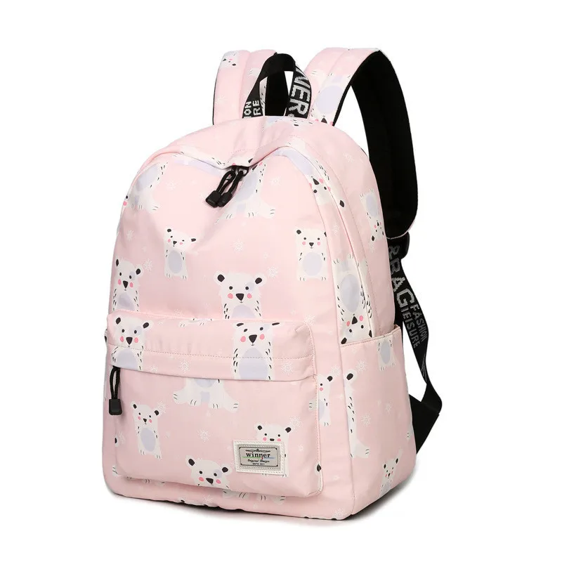 

Fresh Waterproof Polyester Women Backpack School Bag Pink Cute Cool Dog and Rabbit Pattern Printing Girls Knapsack Mochila