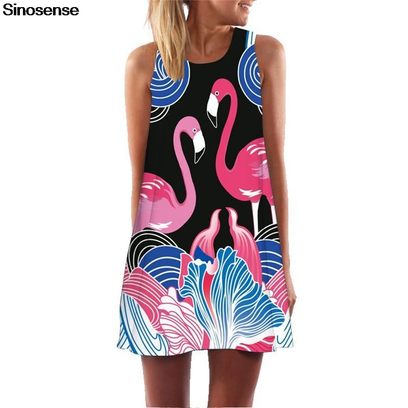 

Women Mini Dresses Summer Sexy Sleeveless O Neck Flamingo Printed Vintage Boho Beach Dress Casual Loose Chiffon Dress Vestidos