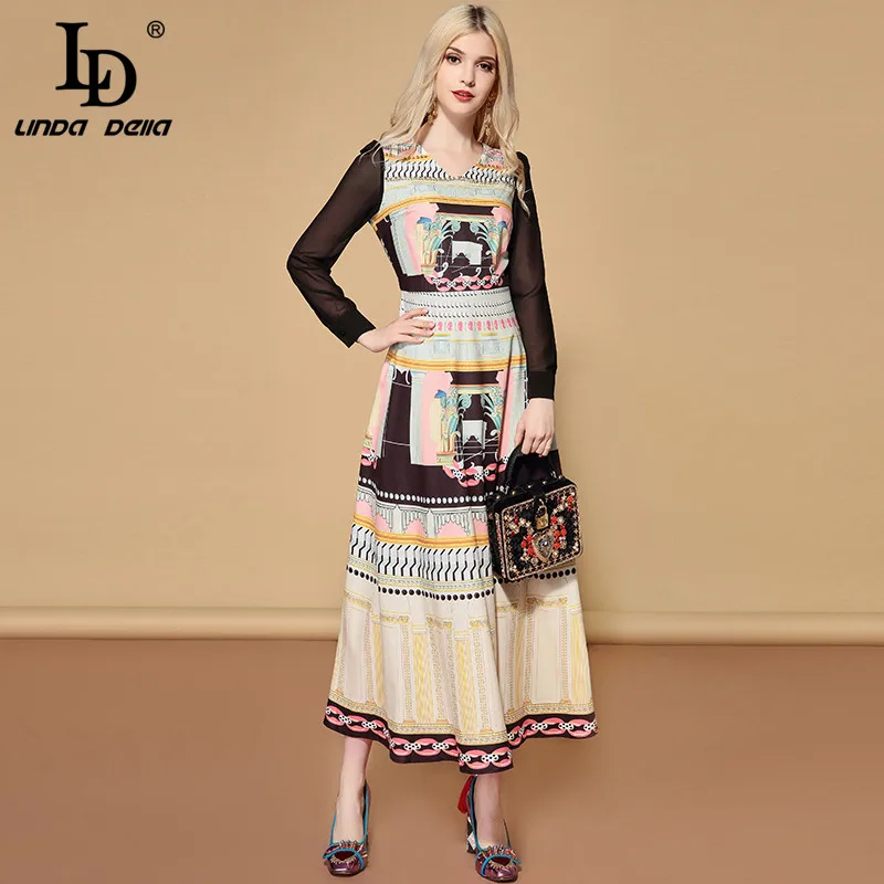 

LD LINDA DELLA Fashion Runway Autumn Long Sleeve Dress Women's Vintage Printed Boho Holiday Elegant Retro Dress