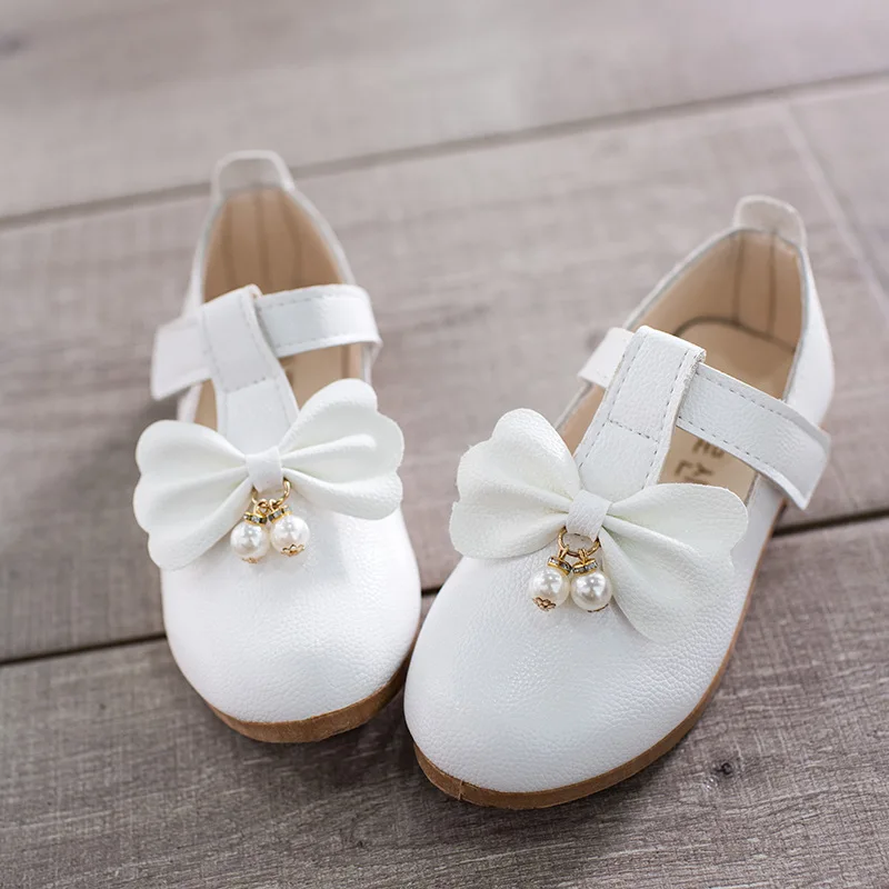 Kid Girl Bow Bead Leather Shoes Princess Wedding Shose For Little Girl