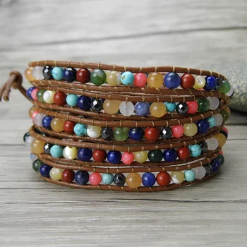 

Multi colors beads natural stone bracelet leather boho wraps bracelet 5 wraps beads bracelet yoga jewelry boho bohemian