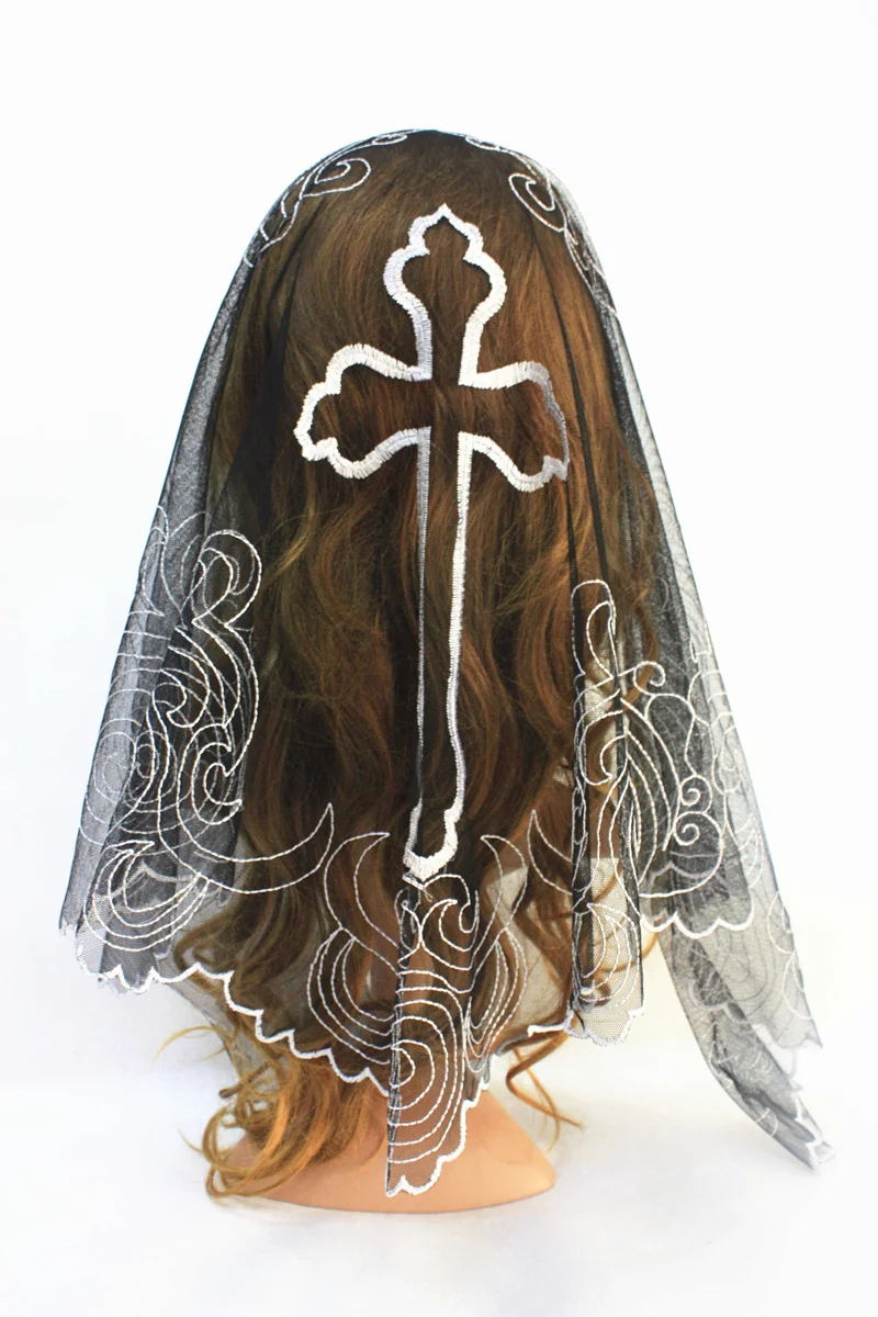 

Black Embroidery Cross Catholic Lace Veil Church Lady Head Covering