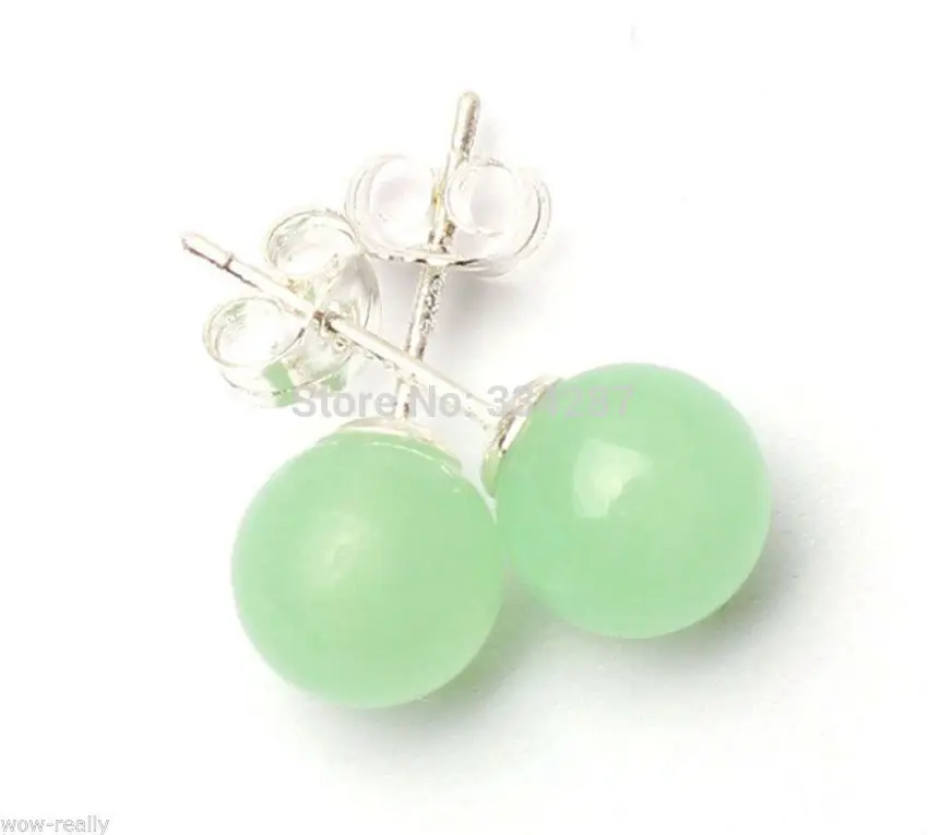 

Hot selling> 925 Sterling Silver 10mm Genuine Light Green Jade Stud Earrings New -Bride jewelry free shipping