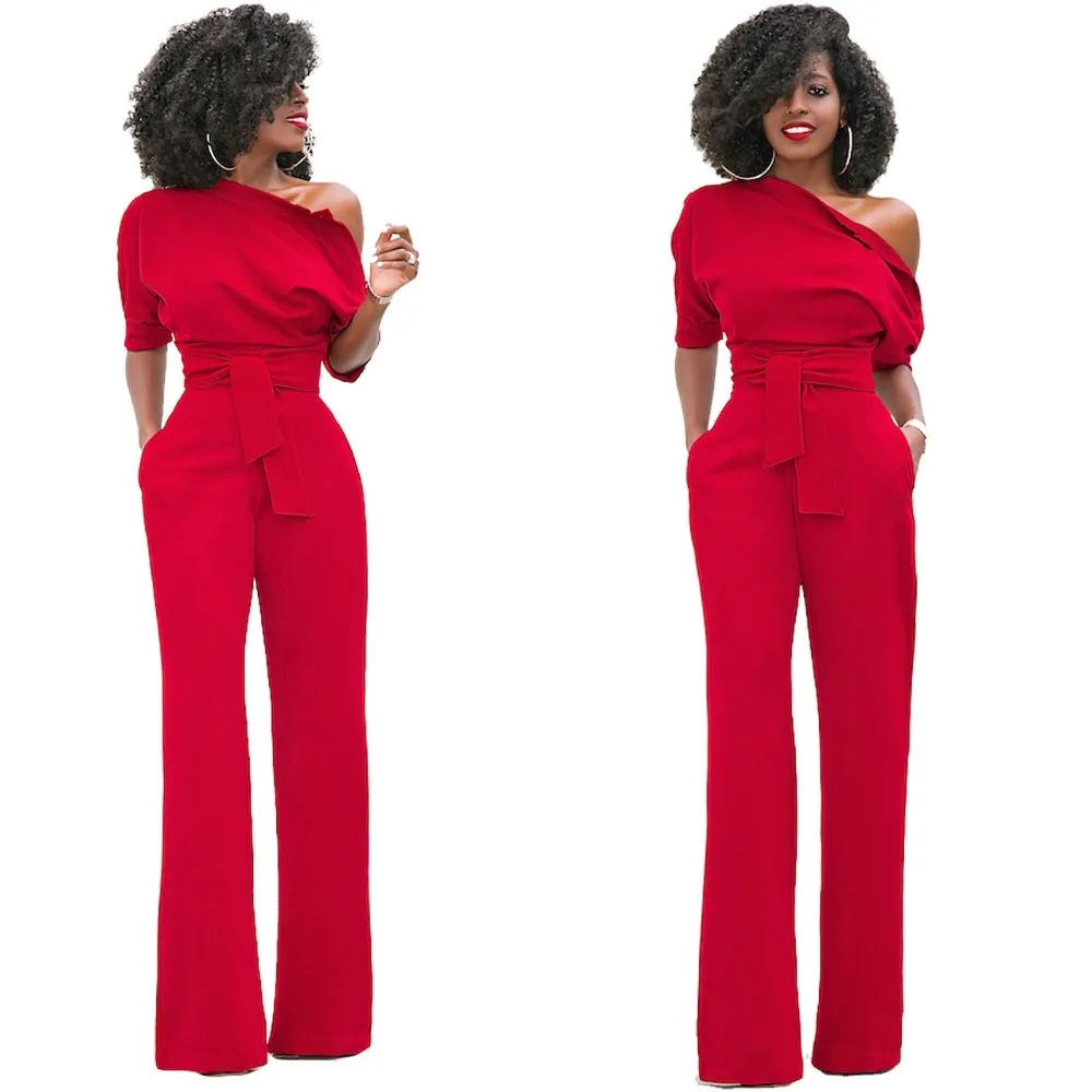 

HAOOHU Shoulder Sashes Sexy Women Jumpsuit Romper Fashion Half Sleeve Pockets Rompers Womens Jumpsuit Casual Ladies Jumpsuits
