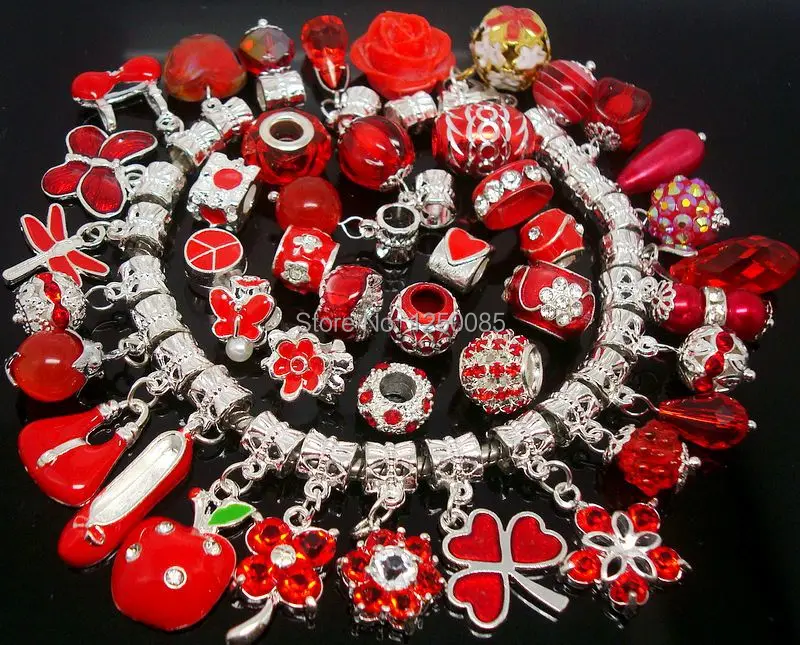 

50PCS/LOT Red color Mixed style Motley Beads and Pendant Charms Fit European Bracelet and Necklace Jewelry making