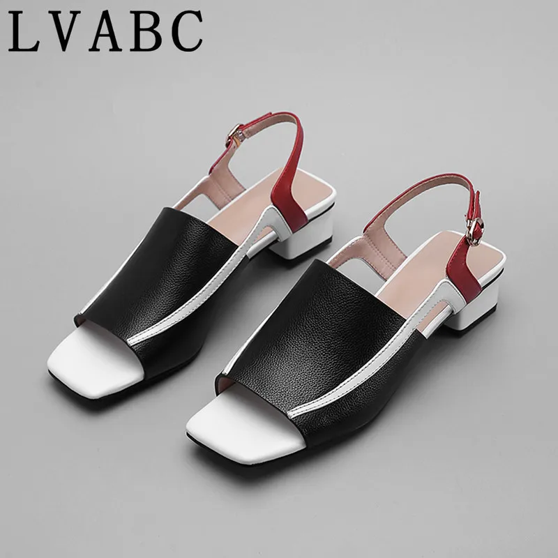 

LVABC 2019 fashion summer leather new women's shoes open toe buckle thick with women's sandals large size 34-42 black green