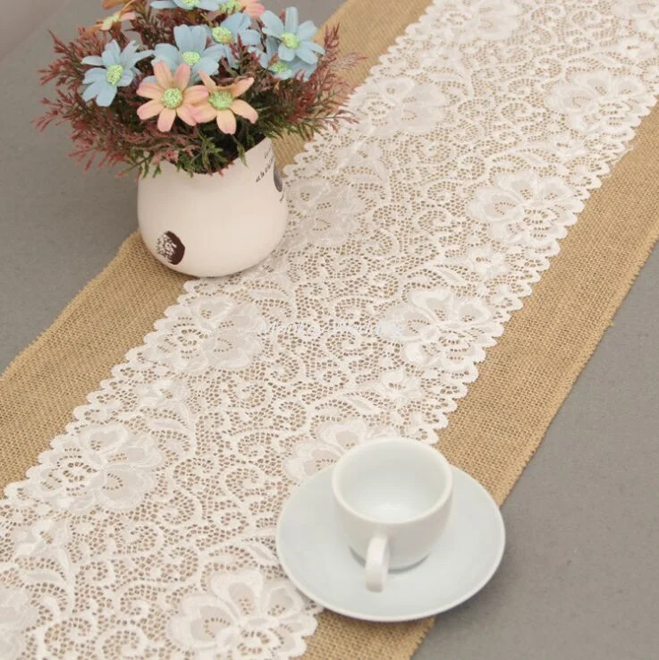 

30*180cm Luxury Burlap and Lace Table Runner Wedding Decoration Modern Jute Lace Table Runners Vintage Tablecloth Home Textile