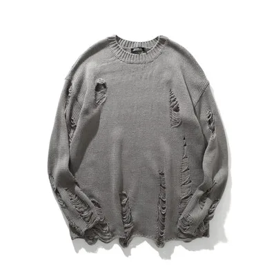 Streetwear korean clothes Men Autumn New Ripped Holes Solid designer Sweater Vintage Oversized Warm Wool Pullovers Sweater - Цвет: B6001 gray