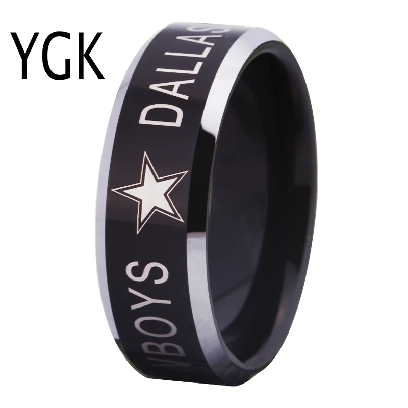 

YGK BRAND JEWELRY Hot Sales 8MM Dallas Cowboys Design Men's Black With Silver Bevel EdgeTungsten Comfort Fit Ring for Wedding