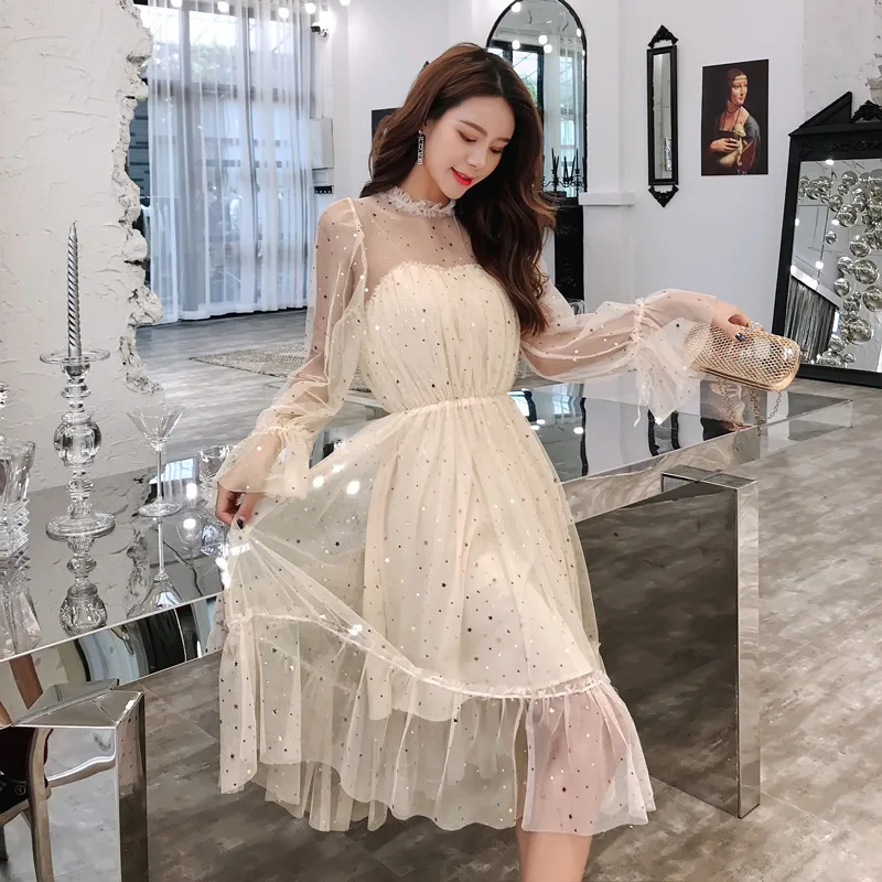 

Mesh Yarn Korean Edition Temperament Yuanyuan Medium-long Elastic Waist Dresses and Women's Dresses Crossing Borders